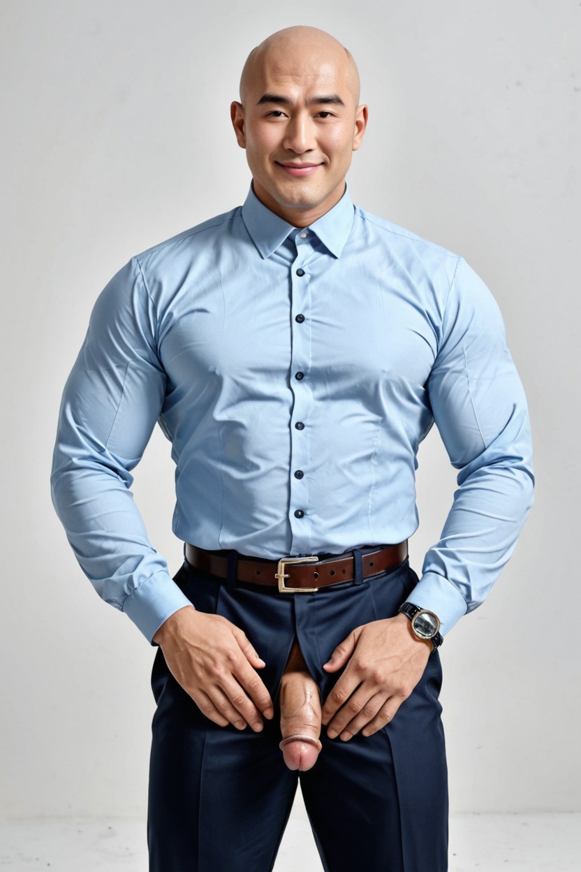 Shaved Head, Extremely Korea Man's Face, Polo Shirt Fully Buttoned AI Gay Porn