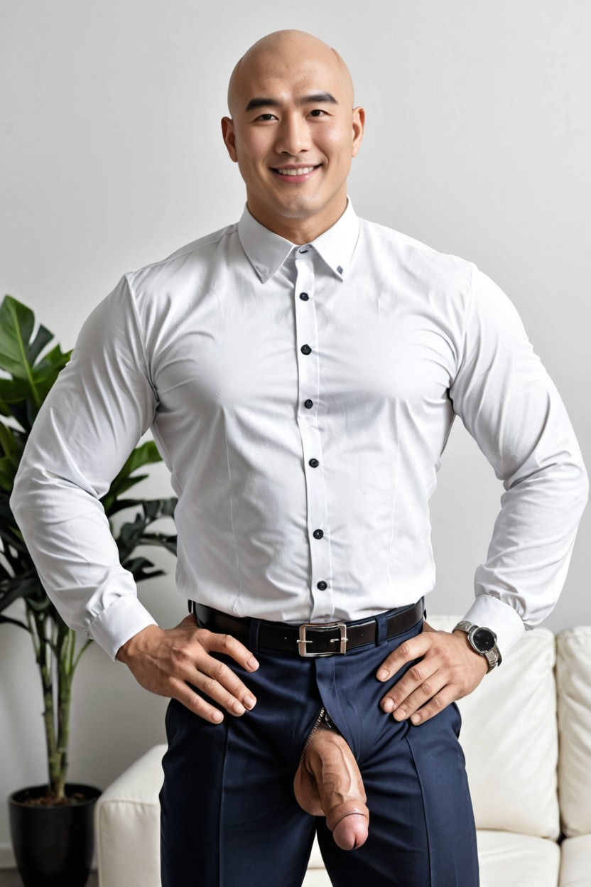 Moyen Flaccid Size Penis, Imposing Presence, Bald AI Gay Porn