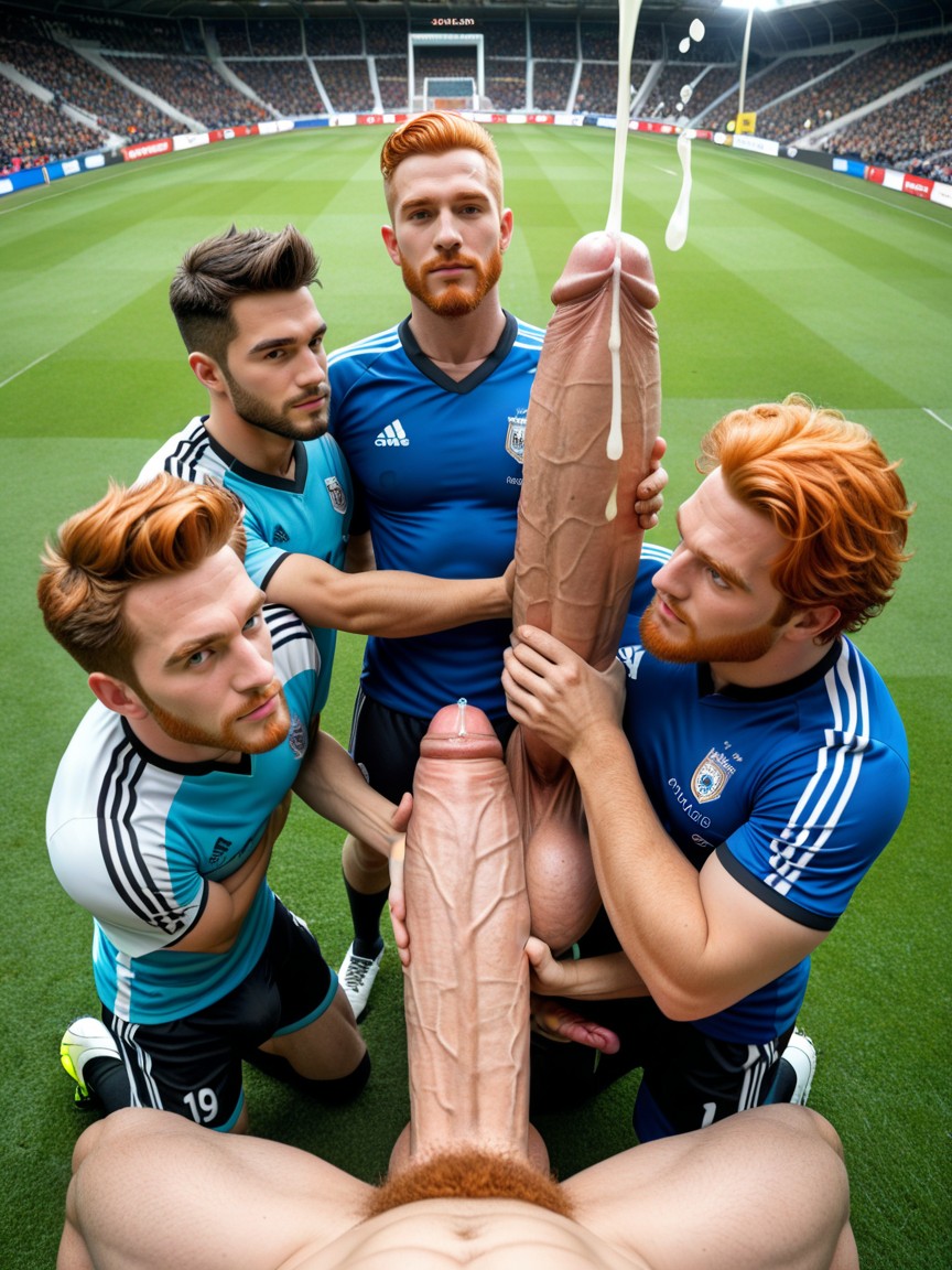 Absurd Surreal Impossible Cock Size, Thick Globs Of Cum On Clothes And Hair, Handsome Ginger Man With Bearded Masculine Face AI Gay Porn