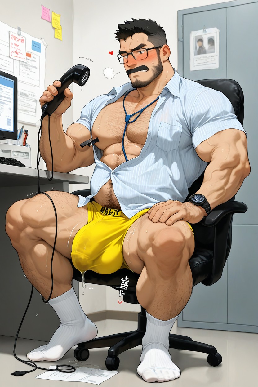 Talking Into Retro Phone, Abs, Muscular AI Gay Porn