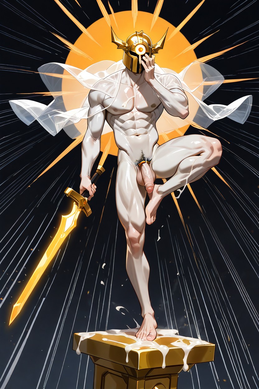 Gold Helmet Covering Face, Strong Lines, Fit AI Gay Porn