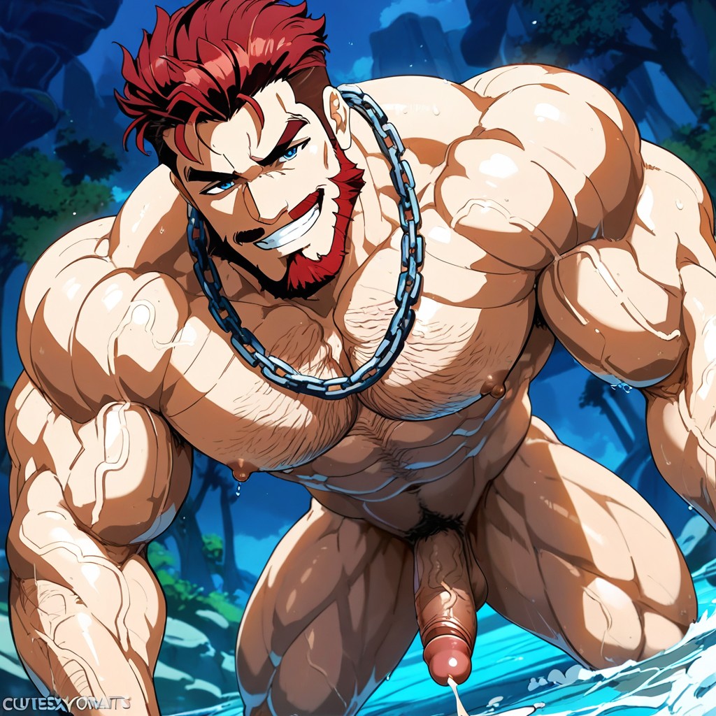 Muscular Man Cock Downward Like After Erected, Neisan Art Captain Neckchain On Neck Water Color Art, Simple Line Art AI Gay Porn