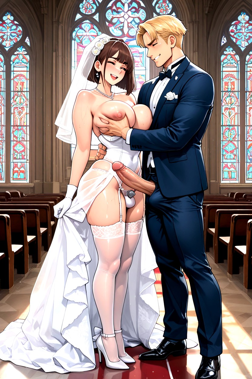 Handsome Masculine Blonde Man Dressed In Wedding Suit, Grinning, Bride Porno gay IA