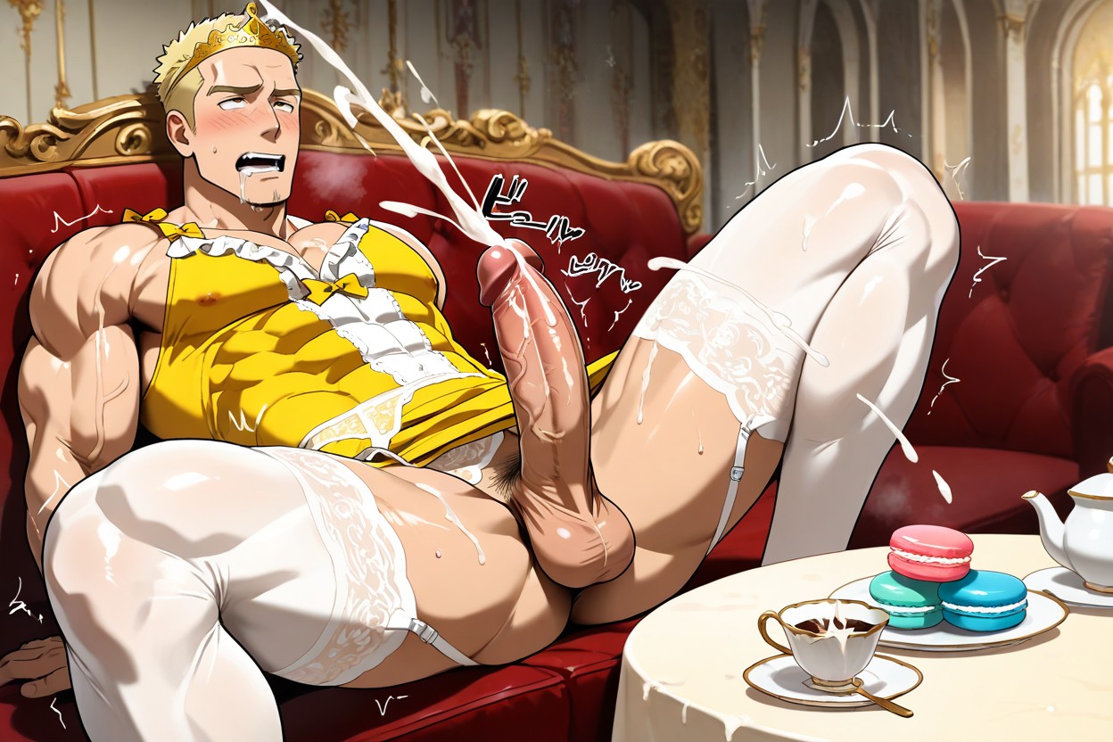 Sit On Couch, Muscular, Slightly Curved Upwards Cock AI Gay Porn