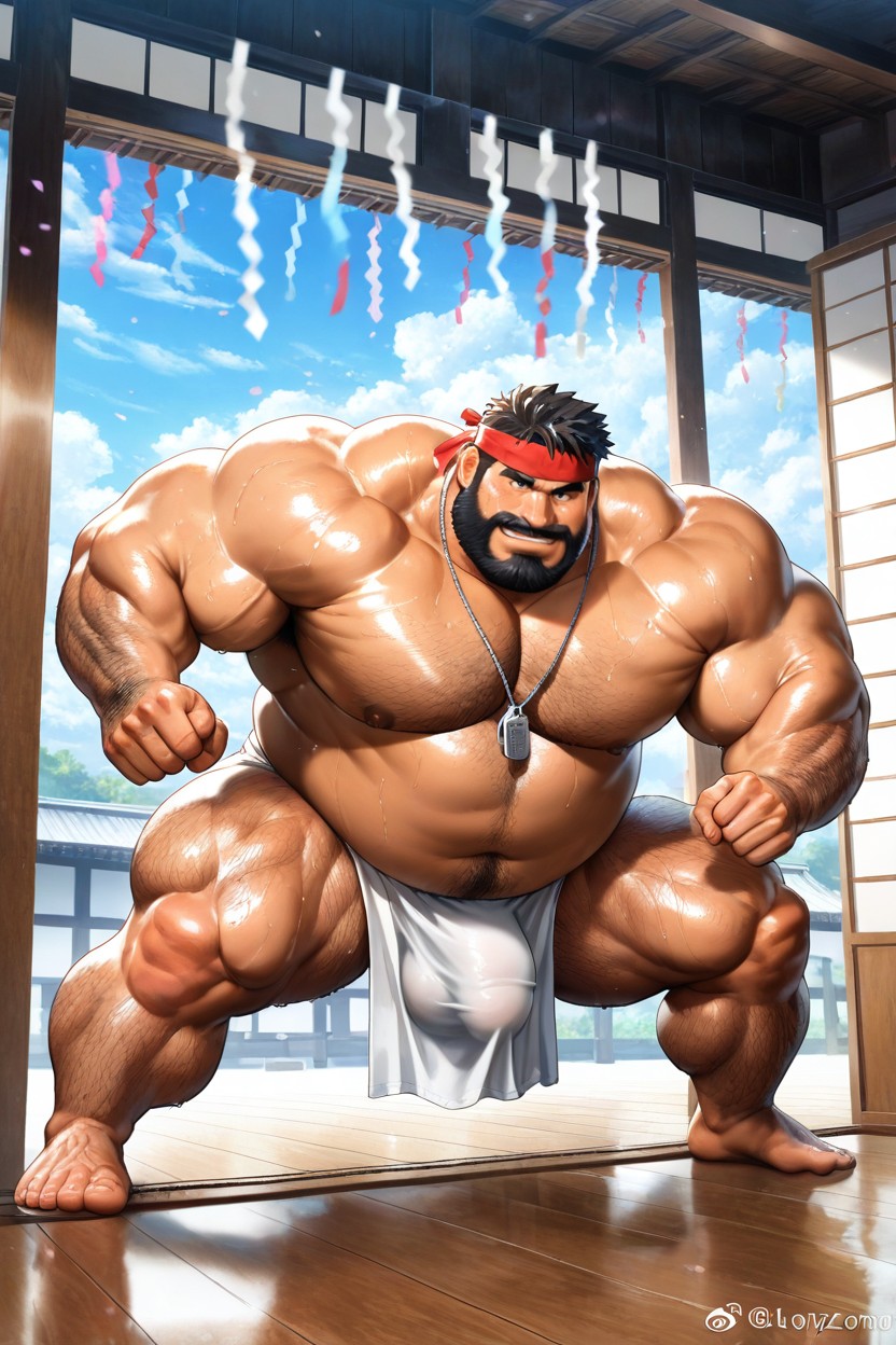 Extremely Muscular Obese Sumo Wrestler, Sliding Paper Doors, Barazoku AI Gay Porn
