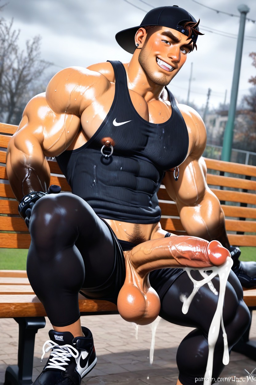 Male Leggings, Black Contoured Jawline Stubble, Drop Arm Tank Top Reveals The Side Muscles And Sides Of Pecs Mamimi Style AI Gay Porn