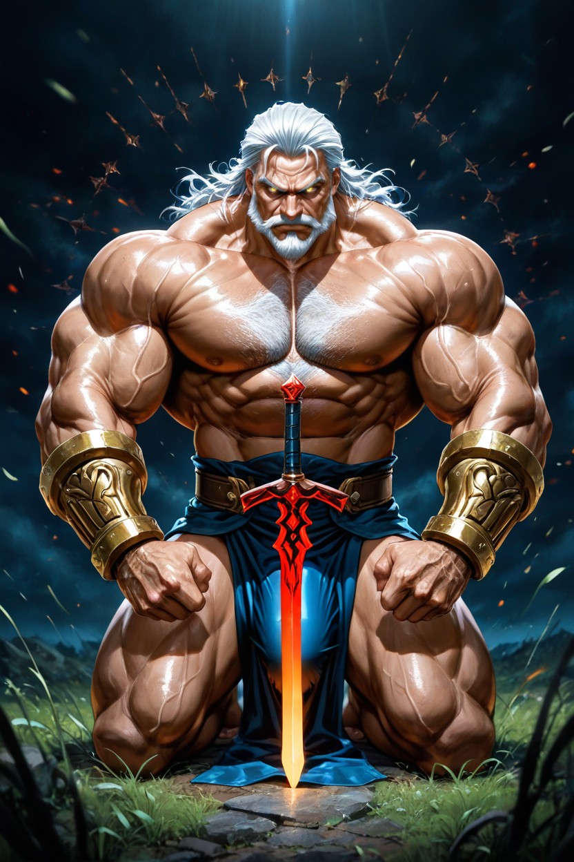 Male Only, Hunk Muscular Body, Thick White Hair Swept Back AI Gay Porn
