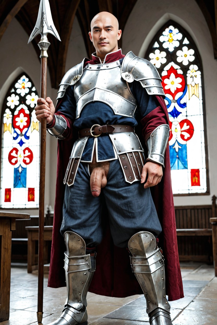 Imposing Presence, Confident Smirk On His Fair-skinned Face, Holding A Spear In The Right Hand AI Gay Porn