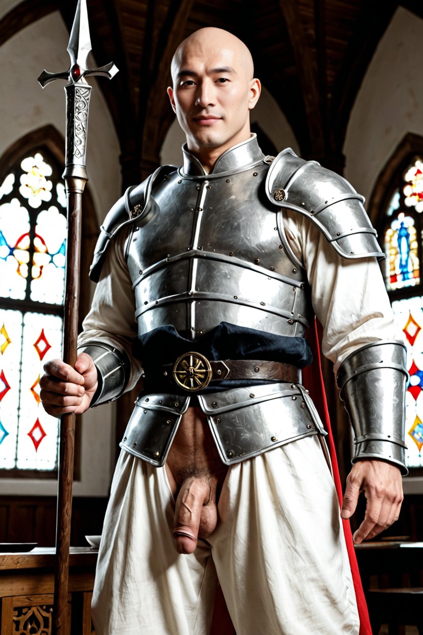 Medieval Fabric Pants, Both Eyes Looking Directly At The Camera + Level Eye Line, Shaved Head AI Gay Porn