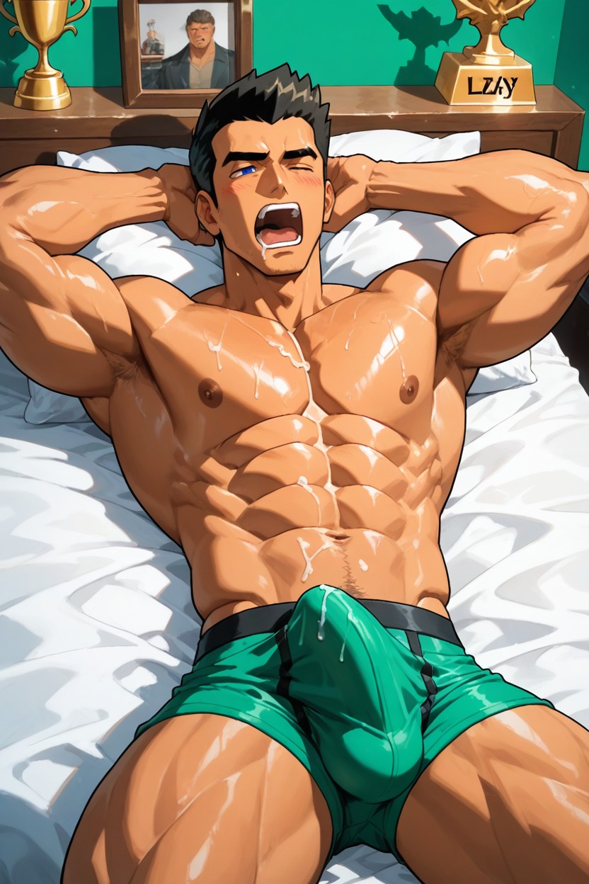 On A White Bed, Massive Pecs, Medium Ass AI Gay Porn