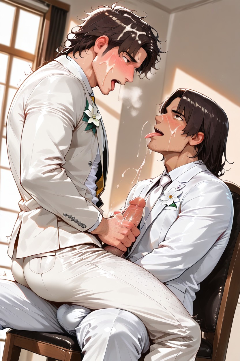 Wearing A White Flower Corsage On A Suit, Blissful Orgasm, White Shirt AI Gay Porn