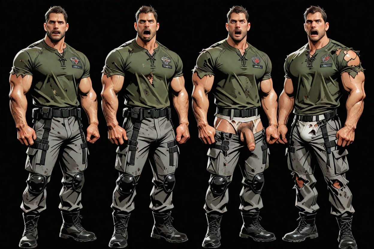 Foreskin, White Jock Strap Tactical Gear And Black Boots The Third One Wearing Unbuttoned Green Shirt Showing Pecs, Simple Black Background AI Gay Porn