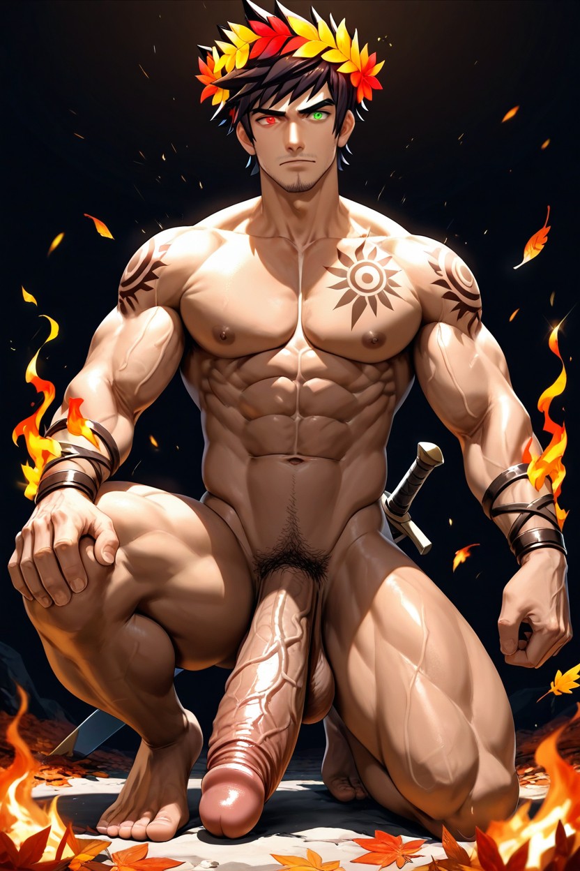 Full Body, Wearing Wreath Crown Made Of Red And Orange Leaves, Camp Buddy By Mikkoukun AI Gay Porn