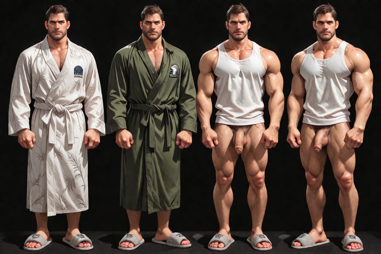 Flaccid Penis, Slippers The Third One Wearing Knee-length Green Bathrobe Open, Style AI Gay Porn