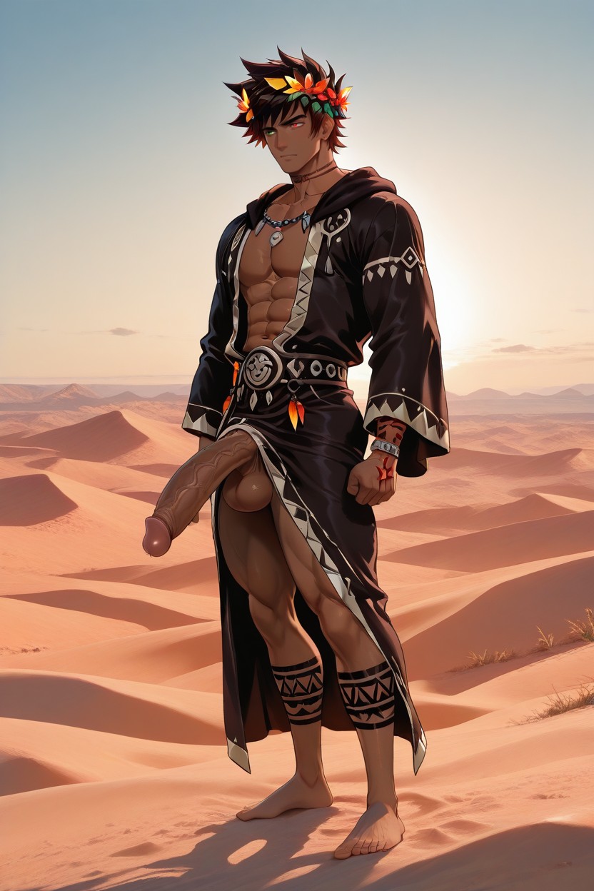 Smooth Hairless Skin, Looking Into The Distance With A Gleam In His Eyes, Wearing Wreath Crown Made Of Red And Orange Leaves AI Gay Porn