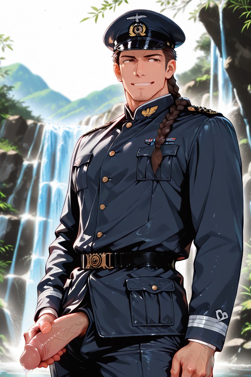 Navy Camp, Braided, Dark Brown Hair AI Gay Porn
