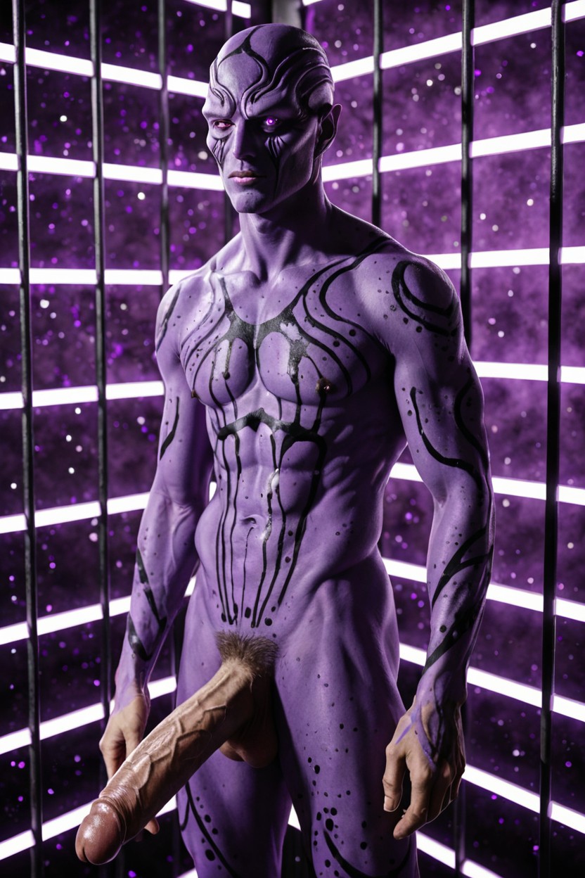 Behind Glowing Purple Prison Bars, Long Windy Purple Hair, Purple Bloom AI Gay Porn
