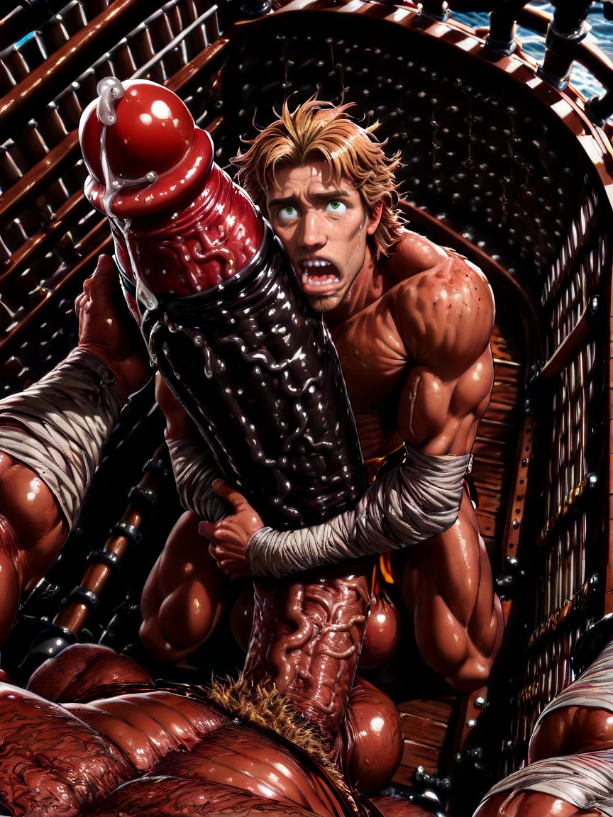 Cock Many Times Taller Than Him, Hugging Cock, Full Body Visible AI Gay Porn