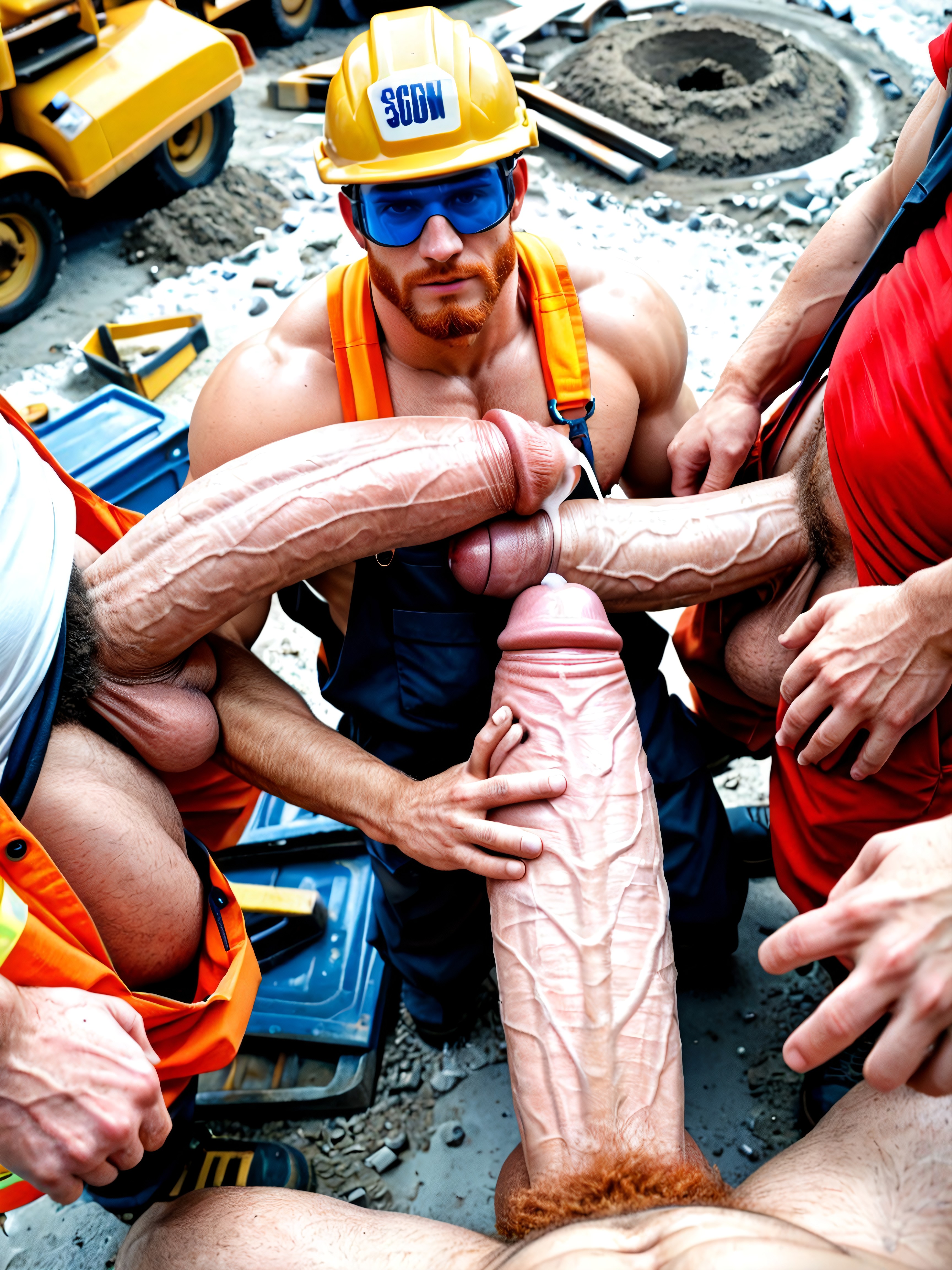Uncut Hyper Cock Much Bigger Than Body, Oversized Erect Uncut Hyper Penis With Foreskin, Handsome Male Ginger Kneeling On The Floor Looking Up AI Gay Porn