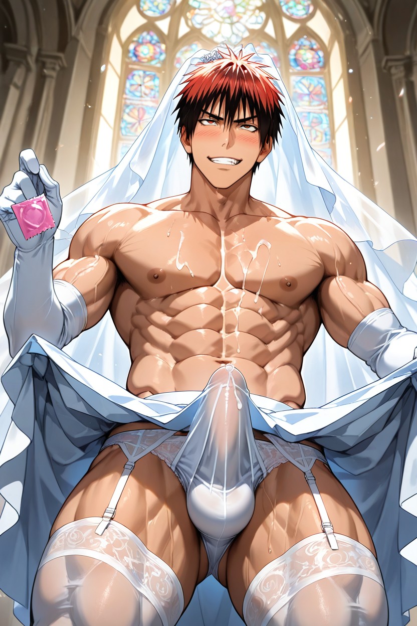 Ahegao, Holding Condom, Muscular AI Gay Porn