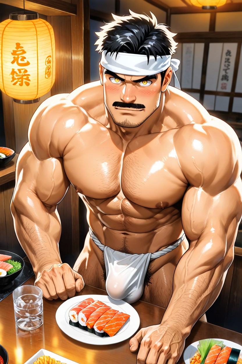 Warm Golden Lighting, Defined Abs And Deep Muscle Striations, Black Hair AI Gay Porn