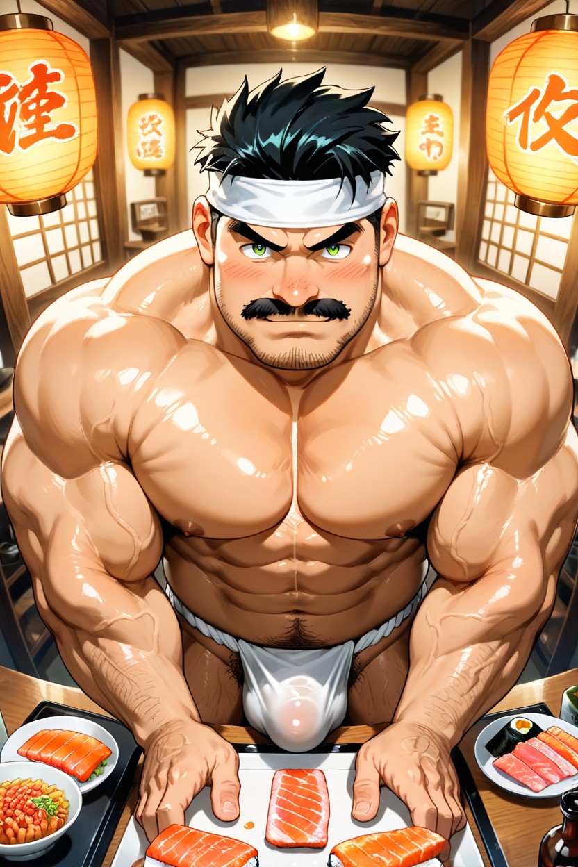 Detailed Glossy Skin Highlights, Top Down, White Headband Tied Around Forehead AI Gay Porn