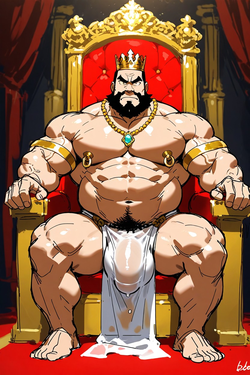 Dynamic Action Pose, Royal Throne Room Background With Columns, Massive Pecs AI Gay Porn