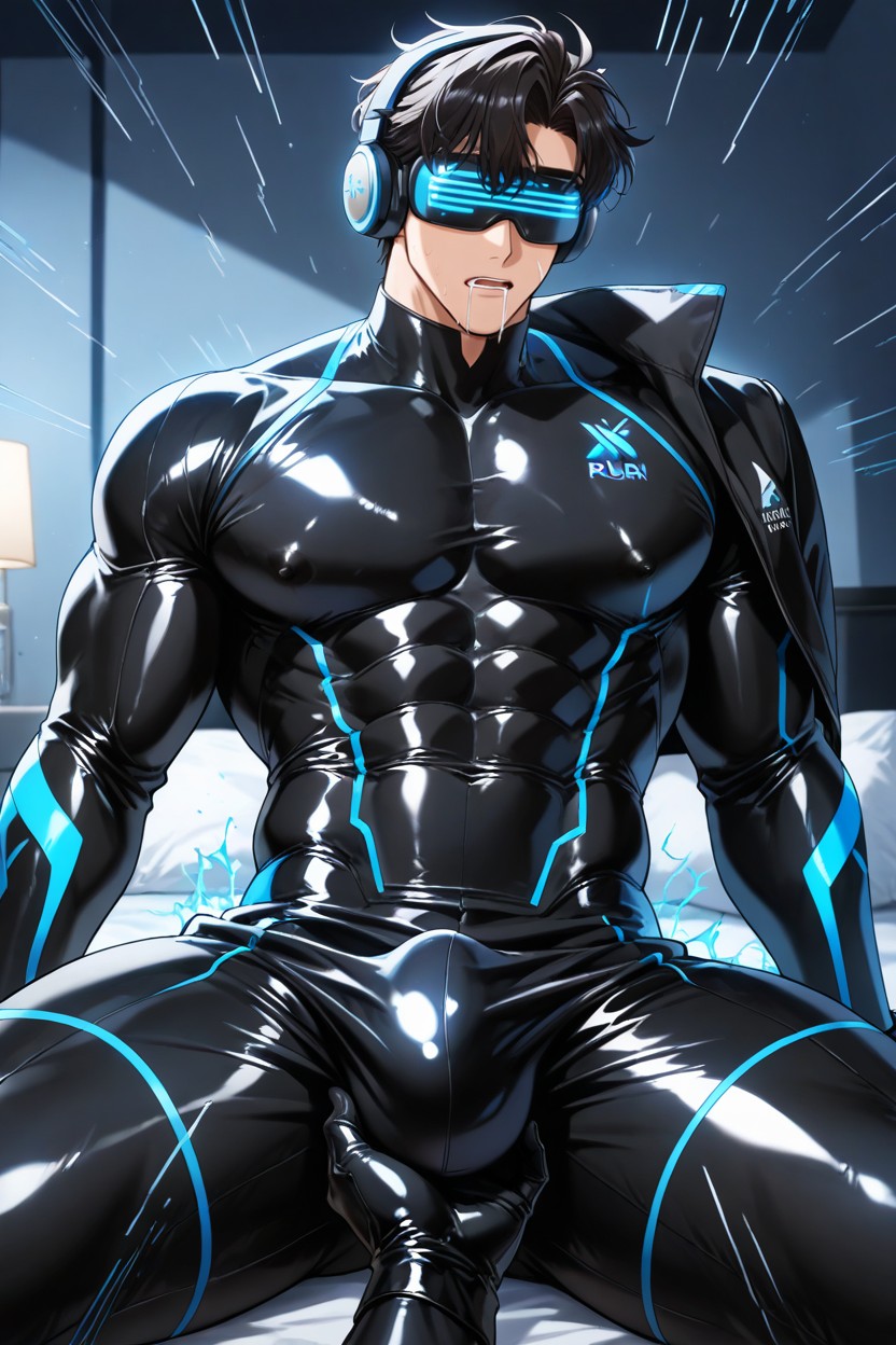 And Waist, Night, Blue Energy Lines Run Along The Black Rubber Suit AI Gay Porn