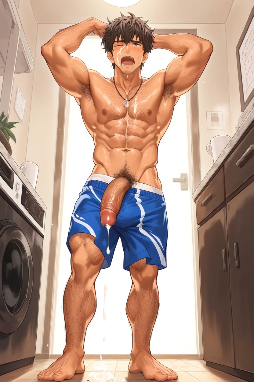 Cum On Own's Abs, Shirtless, Semen Dripping Down His Thighs AI Gay Porn