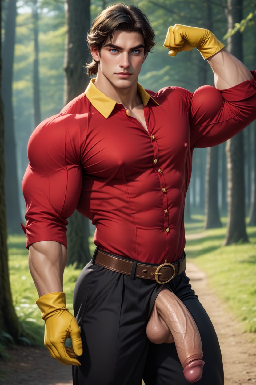 Open Fly, Black Hair Tied With A Crimson Band Into A Ponytail, Brown Boots AI Gay Porn