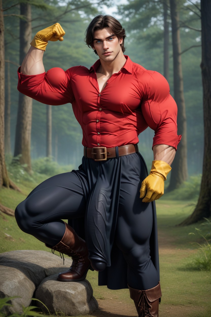 Black Hair Tied With A Crimson Band Into A Ponytail, Grinning, Medieval Clothing AI Gay Porn