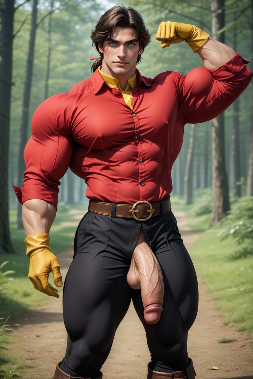 Wearing Yellow Hunting Gloves, Balls Exposed, Gigantesco Porno gay IA