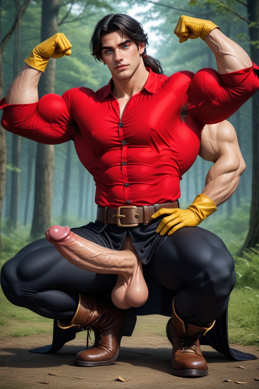 Gigantic, Brown Belt With A Gold Buckle Around His Waist, Cock Exposed AI Gay Porn