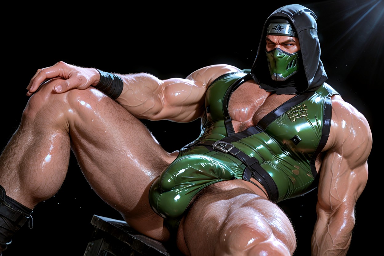 High-resolution Studio Photograph Of An Extremely Hairy Man, Ropa Ajustada, Wearing A Ninja Maskonly The Lower Part Is Green Porno gay IA