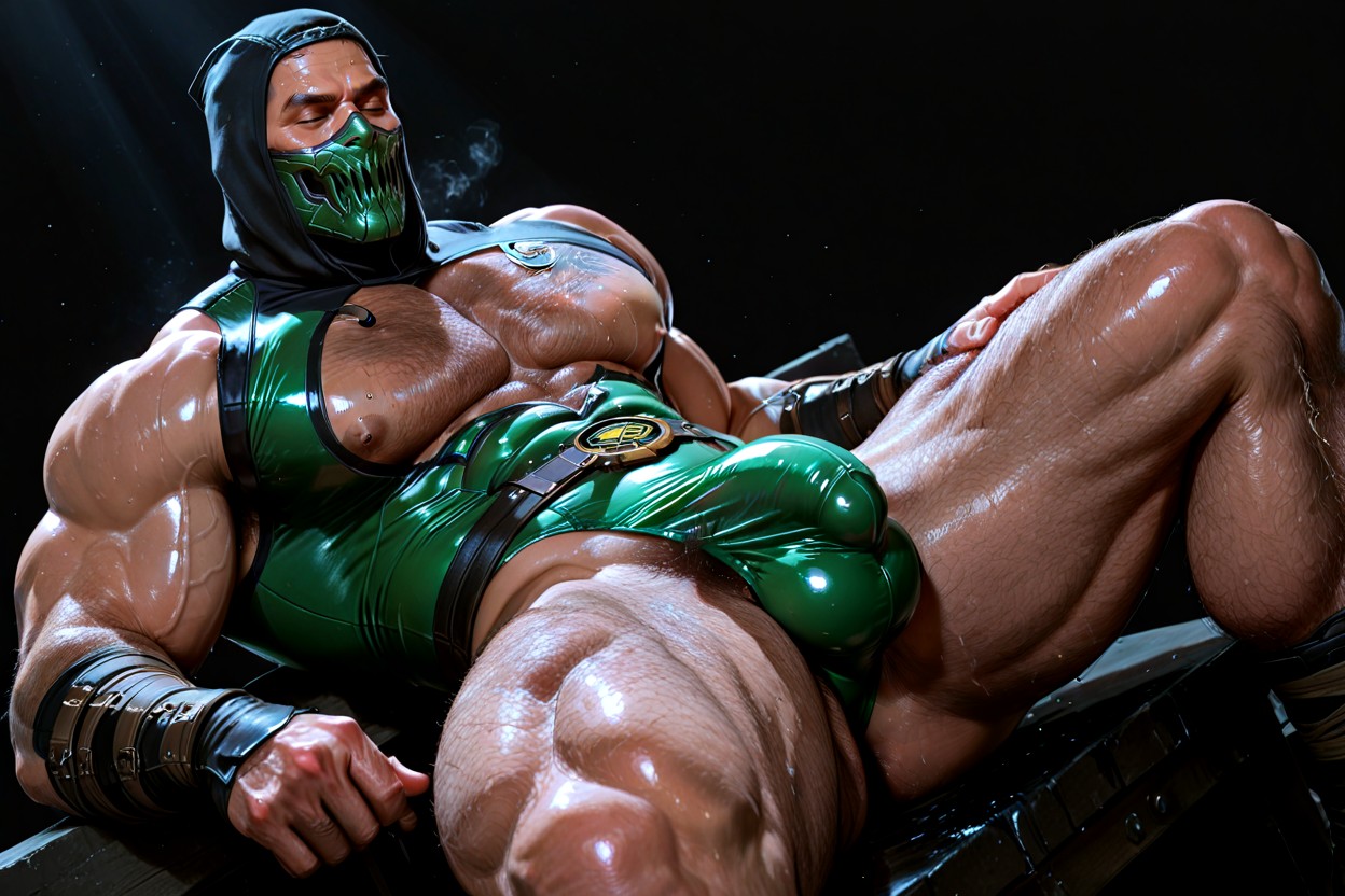 Penis Bulge, Dramatic Studio Lightingblack Background, And Jaw He Is Lying On His Backextremely Hairy Body AI Gay Porn