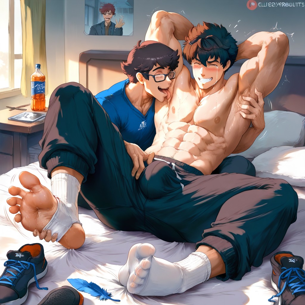 Nerd Sitting Beside Bed Licking Foot, Casual Clothes, 18+ AI Gay Porn