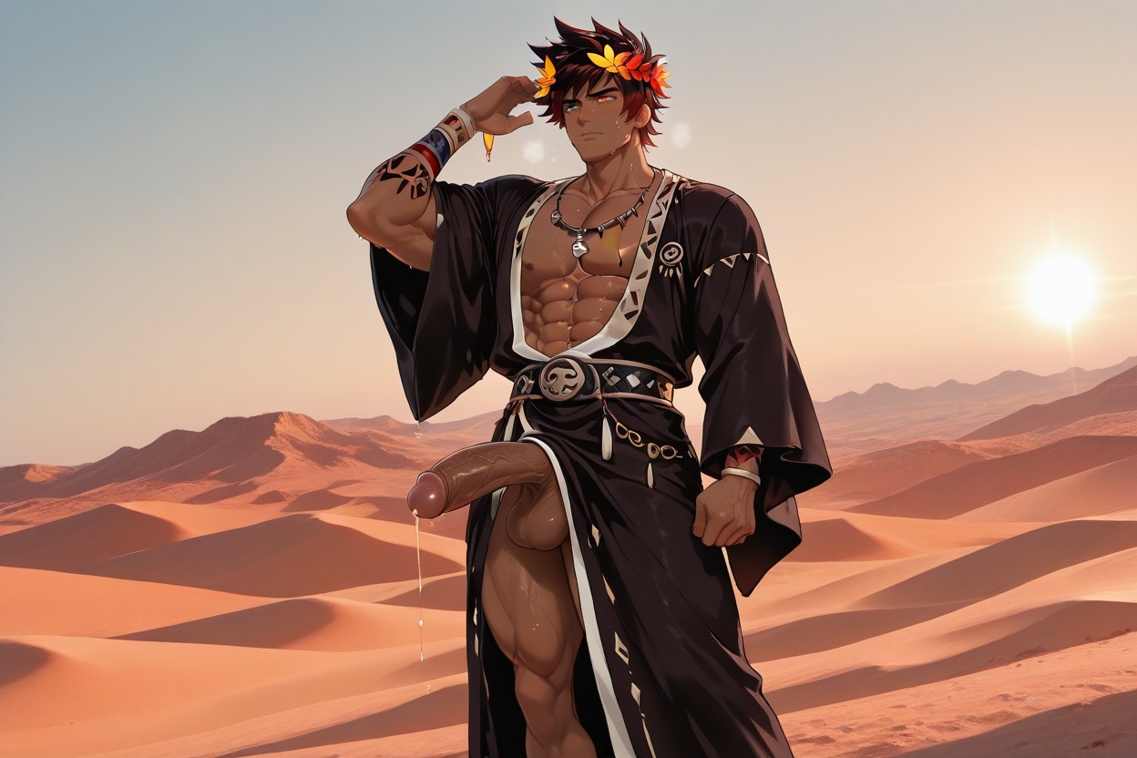 Wearing Wreath Crown Made Of Red And Orange Leaves, Dark Brown Skin, Male Only AI Gay Porn