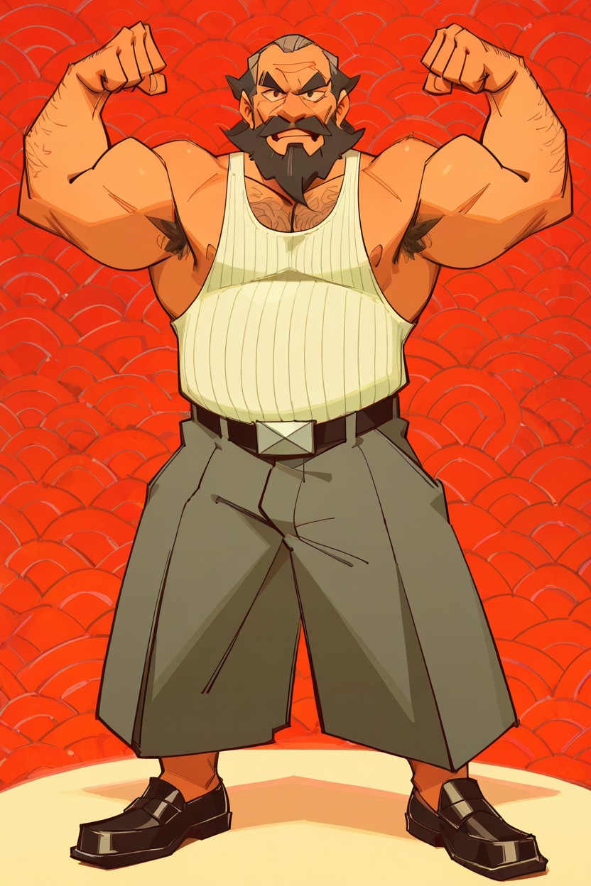Grounded Base, Accompanied By A Thick, Well-kept Dark Beard And Mustache Framing His Jaw Line body Hair Pronounced Body Hair AI Gay Porn