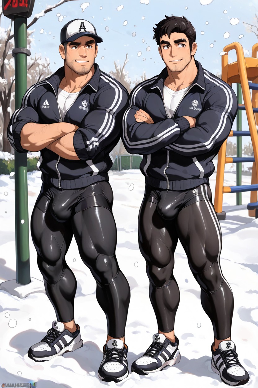 Handsome Caucasian Black Stubble And Beard, Big Ball Crotch Bulge, Standing AI Gay Porn