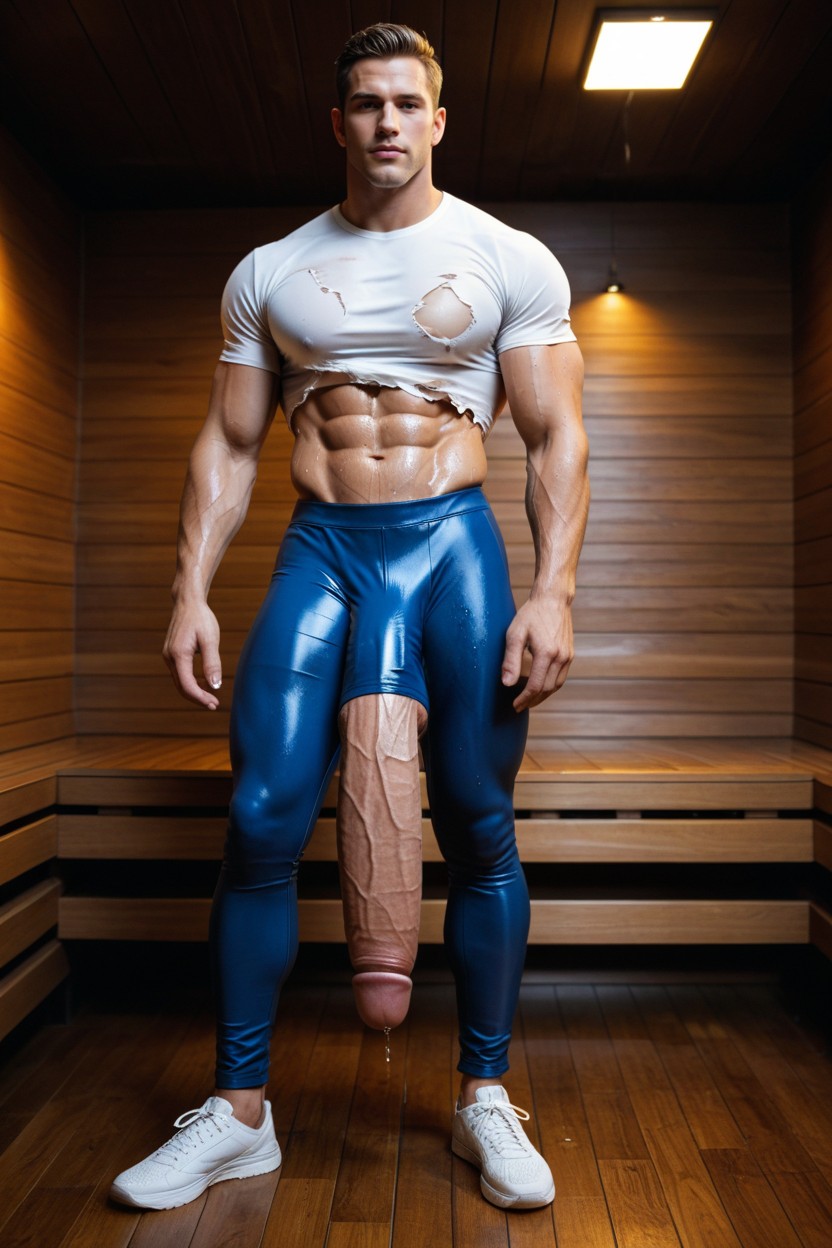 Lifting Ripped Shirt To Reveal Oiled Sweaty Six Pack Abs, Fully Clothed, Pony Cock AI Gay Porn