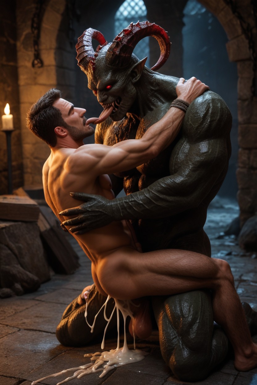 Drooling, Closed Eyes, Man Bound In Chains AI Gay Porn