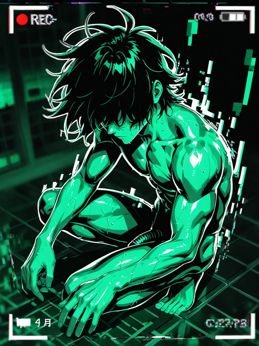 Messy Hair, White Outline Aura, Full Body View Porno gay IA
