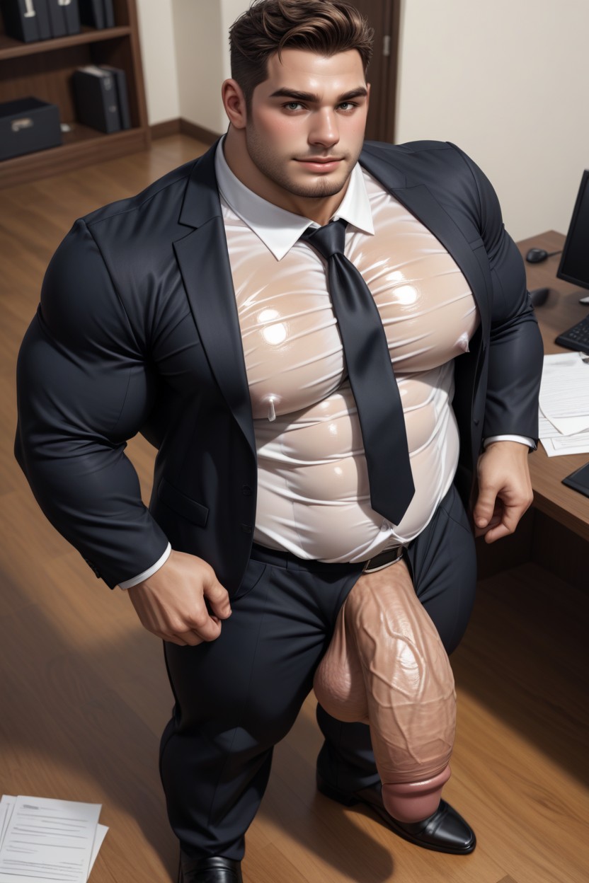 Clean Shaven Face, Pale Skin, Next To Water Cooler AI Gay Porn