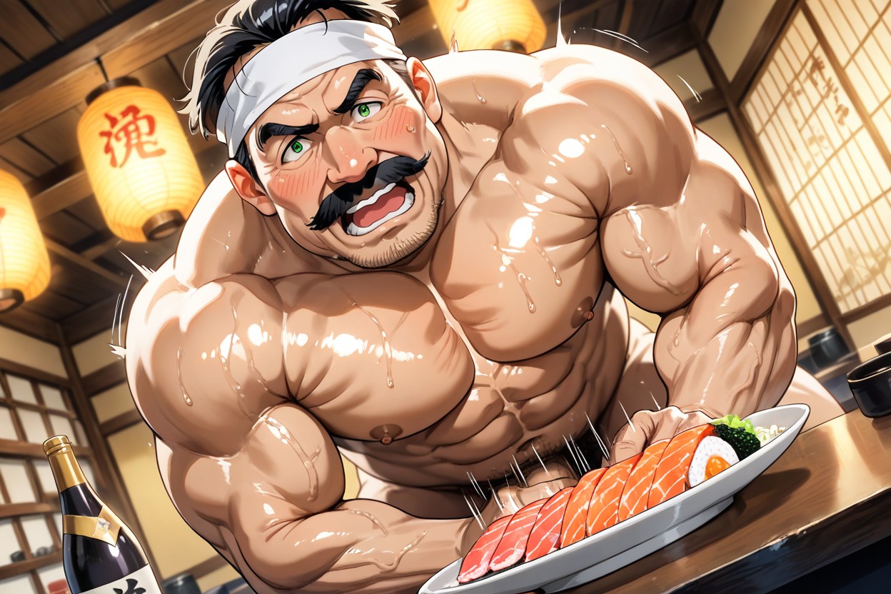 Fat Old Man From Behind Help Jerk Off A Muscle Man, Vibrant Colors, Plate Of Salmon Sashimi Nearby Porno gay IA