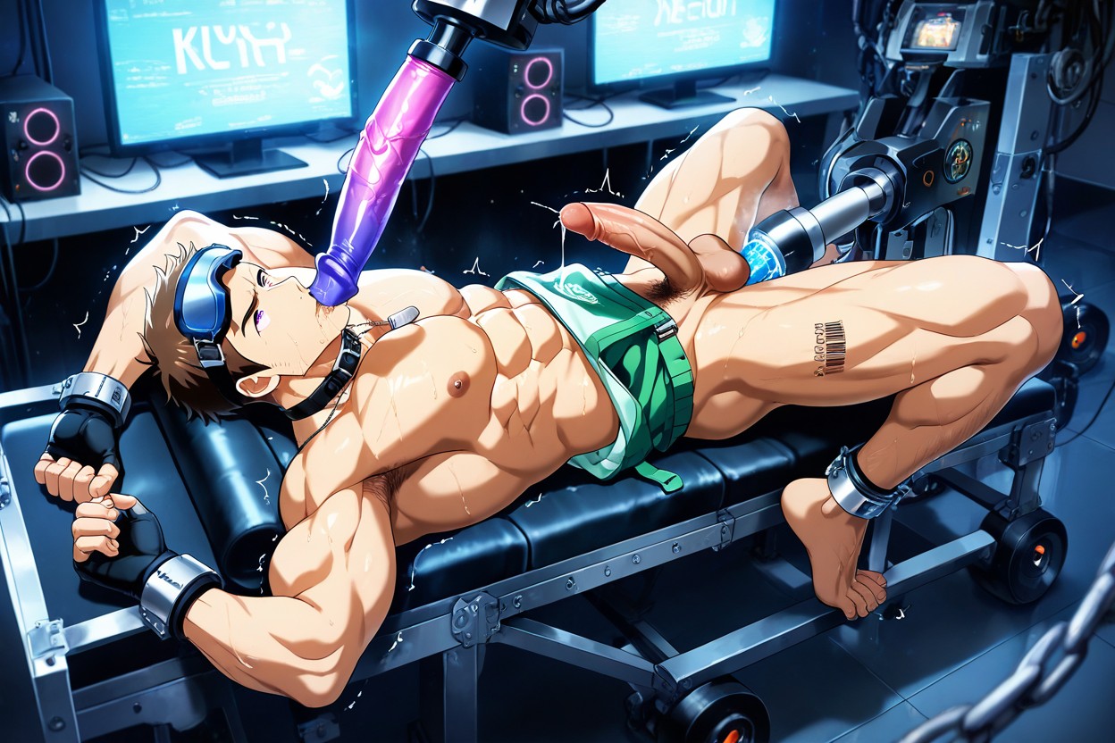 Glowing Parts, Full Body, Barded Dildo In Mouth AI Gay Porn
