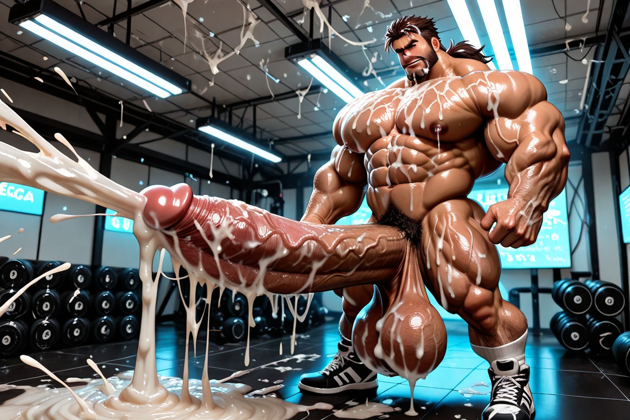 Cum Covering Body, Hyper Long Macro Penis, Músculos Sobredimensionados Porno gay IA