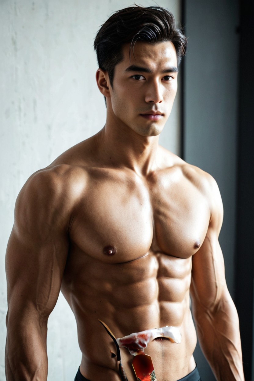 Smooth Warm-toned Skin, Handsome Adult Man, Clean-shaven Face AI Gay Porn