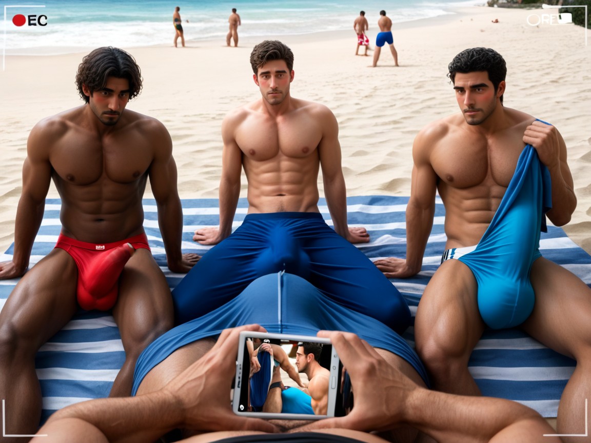 Group Of Men All Erect, Long Strand Of Clear Sticky Precum Between Mouth And Glans, Black Hair AI Gay Porn
