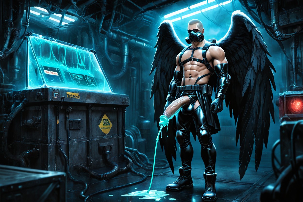 Analog Control Console, Massive Feathered Wings, Cold Desaturated Blue Lighting Porno gay IA