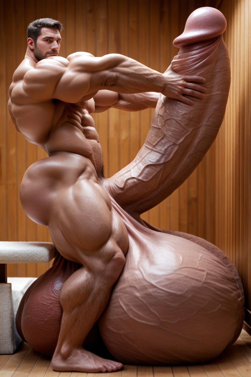 Sauna, Side View, Massive Oversized Hyper Testicles AI Gay Porn
